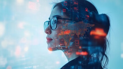 Woman with a world map in her mind Simple Neutral Background with Free Space for Design