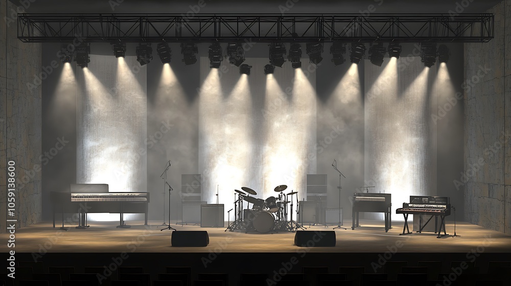 Poster empty stage with lights and instruments minimalist white background with space for text