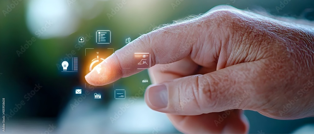 Poster closeup view of a hand s fingertip activating a glowing futuristic holographic business analytics an