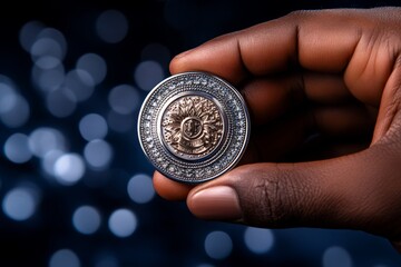 Police officer holding a silver badge with department insignia, symbolizing security and authority, capturing the trust and respect associated with law enforcement badges