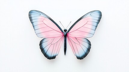 A beautiful pink and blue butterfly with intricate wing patterns, resting against a white background.