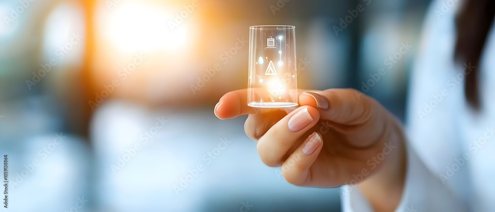 Poster close up of a female hand pointing at a holographic business management interface with various icons