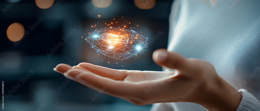 Poster close up of a woman s hand reaching towards a floating holographic interface displaying icons and in