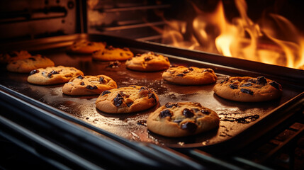 Chocolate chip cookies baking in oven with golden edges