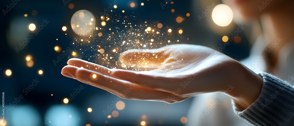 Poster woman s hand reaching out to touch a glowing holographic interface displaying business management ic