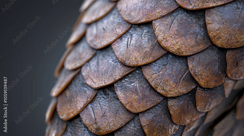 Poster close-up of a textured, scaly surface showcasing intricate patterns and hues of browns and rust.