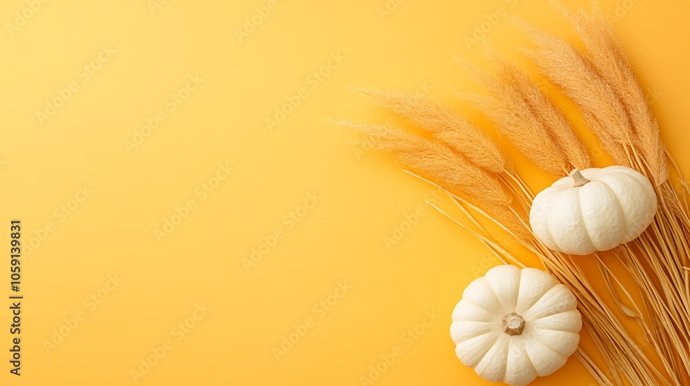 Poster fall background with pumpkins and wheat plain textured background for web design and copy