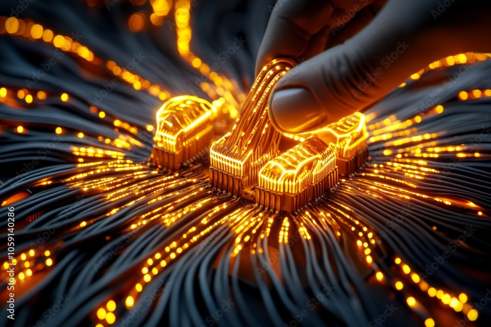 Poster technician adjusting cables in a massive server room, capturing the extensive, organized infrastruct