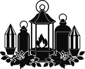 Christmas candles and lanterns silhouette vector illustration