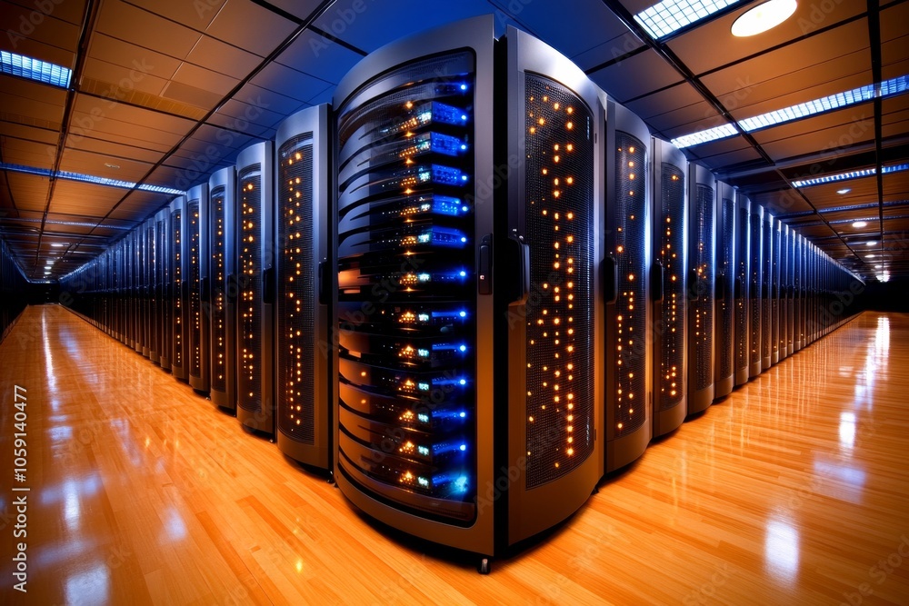 Aufkleber Technicians working in a massive data warehouse filled with server racks, highlighting the storage and management aspects of data warehousing, symbolizing teamwork and reliability