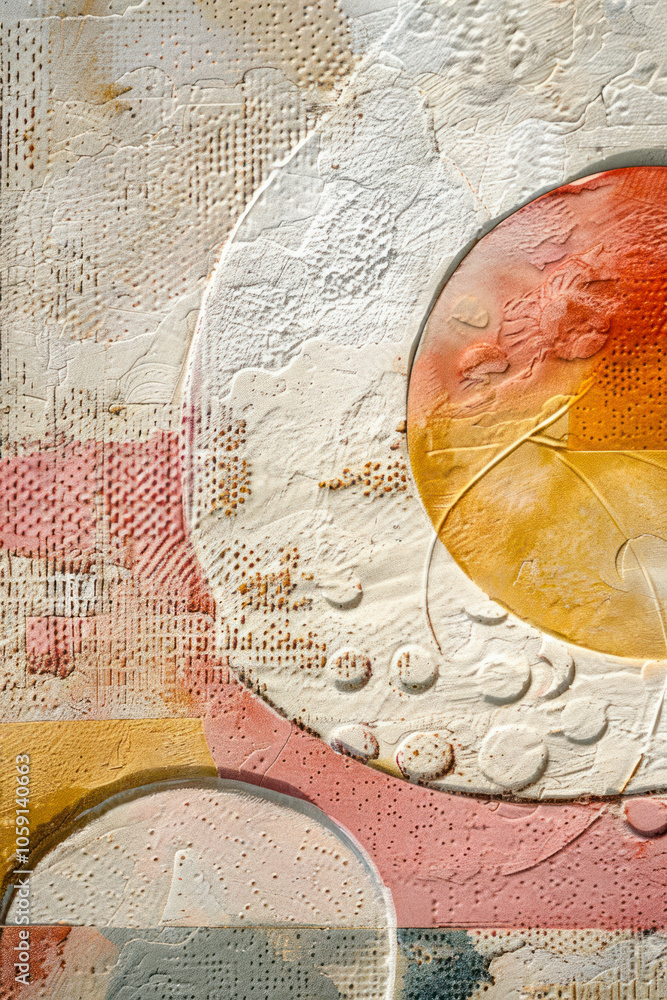 Poster vertical whimsical art print featuring abstract shapes and embossed textures on textured paper textu