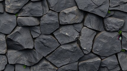 Fototapeta premium Textured wall of irregular dark gray stones with small green plants peeking through, creating a natural aesthetic.