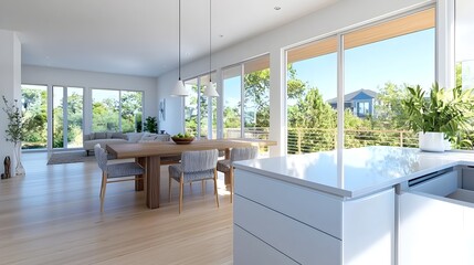 Spacious and elegant modern kitchen with a large wooden dining table and comfortable chairs