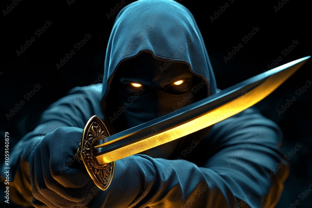 Poster watercolor illustration of an assassin holding a hidden blade, with subtle shading and soft shadows 