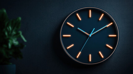 Modern wall clock with glowing orange hour markers and blue hands against a dark blue textured wall with a blurred green plant in the foreground.