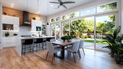 Sophisticated modern kitchen with dining table and chairs in soft gray tones showcasing an open and airy layout with high end finishes