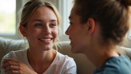 Fototapeta premium Two women smiling and conversing in a cozy setting.