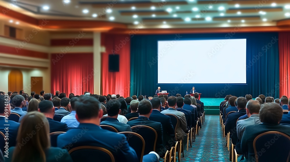 Poster audience listening to a presentation in a large auditorium minimalist white background with space fo