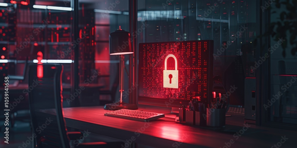 Poster high-tech office with advanced password protection and a neon sign of a lock. includes computer lab,