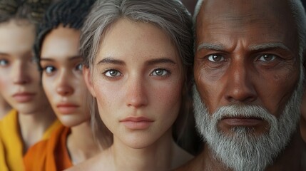 A diverse group portrait featuring a young Asian woman, an elderly Black man, and two others, showcasing unity.