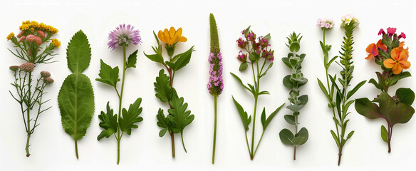 Colorful collection of wildflowers and greenery on white background © thodonal