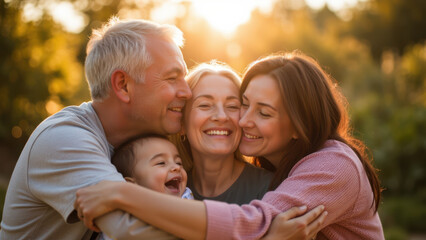 A joyful family of four hugging and smiling, with a warm sunlit background.