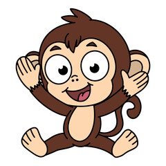 Cute cartoon monkey character sitting with arms raised and a cheerful expression. Ideal for children's products, educational materials, and playful designs, adding a fun, friendly vibe. Vector image.