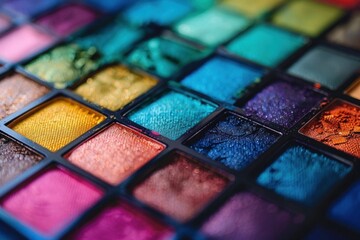 colorful eyeshadow palette close up, vibrant shades, artistic makeup concept, bright colors on a smooth background, ideal for beauty and cosmetics photography, detailed textures and patterns