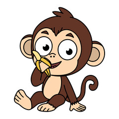 Cartoon monkey character sitting and happily eating a banana. Perfect for children’s products, educational materials, and playful designs, bringing a fun and cheerful element. Vector Image.