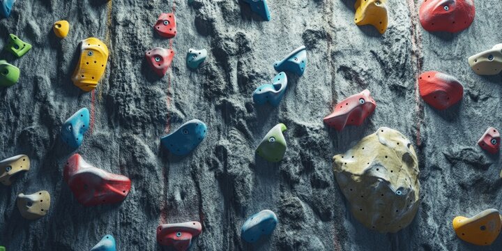 Colorful hand holds on bouldering wall for better grip and safety.