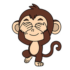 Adorable cartoon monkey covering its eyes with both hands, posing playfully. Perfect for designs aimed at children, educational materials, or fun, lighthearted projects. Vector image.