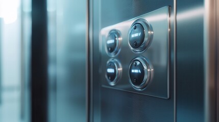 A close-up view of modern elevator buttons, featuring illuminated icons for up and down directions.