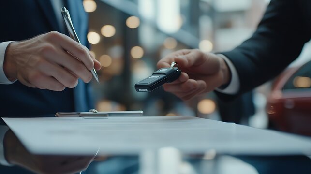 A business transaction with a handover of keys and a signature on a contract.