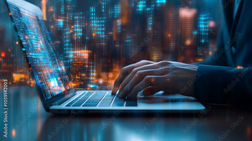 Poster cybersecurity expert working on laptop subtle blur background with space for custom text