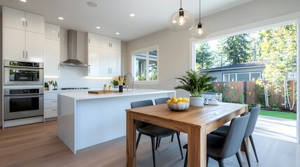 Stunning contemporary kitchen interior featuring a wooden dining table comfortable chairs and high end appliances creating a cozy and elegant atmosphere for family meals and gatherings