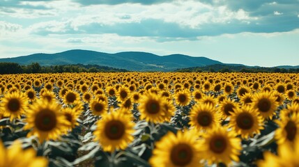 Vibrant yellow sunflower field in a rural countryside, ready for harvesting.
