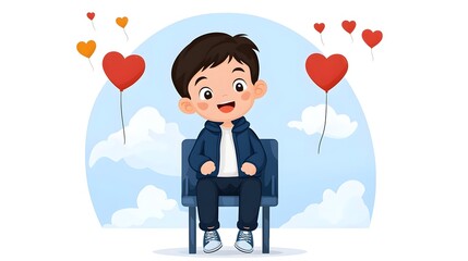 Cheerful young boy riding a ferris wheel with heart shaped balloons expressing joy and excitement of a romantic adventure in the clouds  Flat design