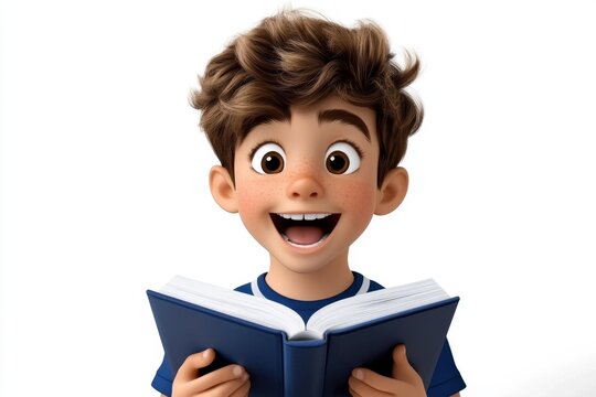 a 2D cartoon illustration of a child reading a fairytale book imaginative and joyful white background