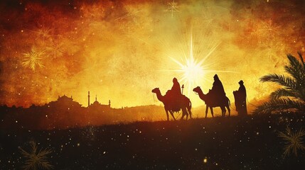 silhouette of the 3 wise men in the desert on their camels guided by a star