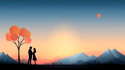 Romantic Couple Silhouetted in Embrace at Sunset on Majestic Mountain Landscape Peaceful and Serene Flat Design