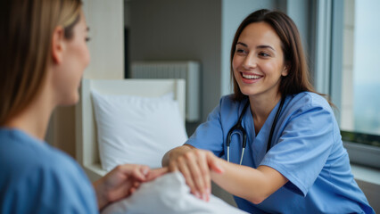 Fototapeta premium Two smiling female medical professionals in scrubs.