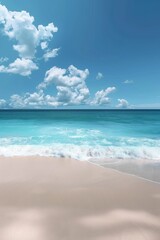 Obraz premium Beautiful beach scene with clear blue ocean and white sandy shore.