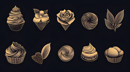 Hand-drawn dessert illustrations including cupcakes and flowers in gold on black background
