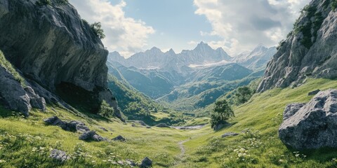 Natural landscape, clear path, mountain peaks, outdoor adventure, nature reserve, green grass, hiking destination
