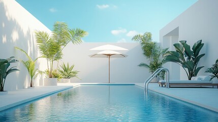 Fototapeta premium A Modern Minimalist White Pool Area in Spain: Sunlit Oasis with Umbrella and Ladder