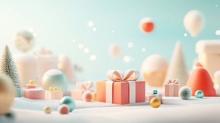 Miniature wrapped gifts with holiday baubles, snow-dusted, 3D illustration