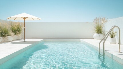 Fototapeta premium A Modern Minimalist White Pool Area in Spain: Sunlit Oasis with Umbrella and Ladder