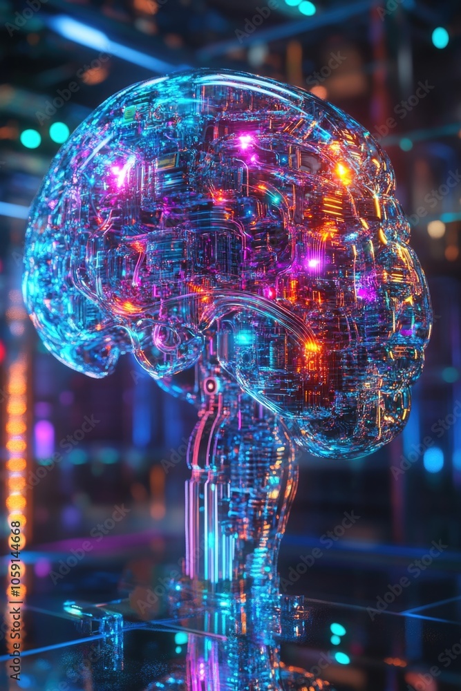 Poster a conceptual digital illustration of a cybernetic brain, symbolizing advanced artificial intelligenc