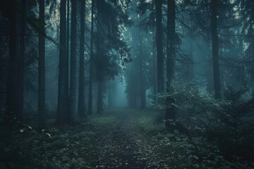 Obraz premium The image captures a solitary path winding through a dense forest at twilight, with an eerie misty glow that adds to the sense of mystery and solitude.