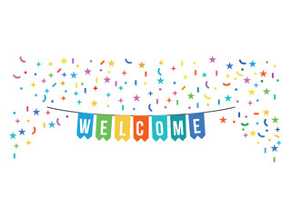 welcome banner party flags with confetti design vector on transparent background